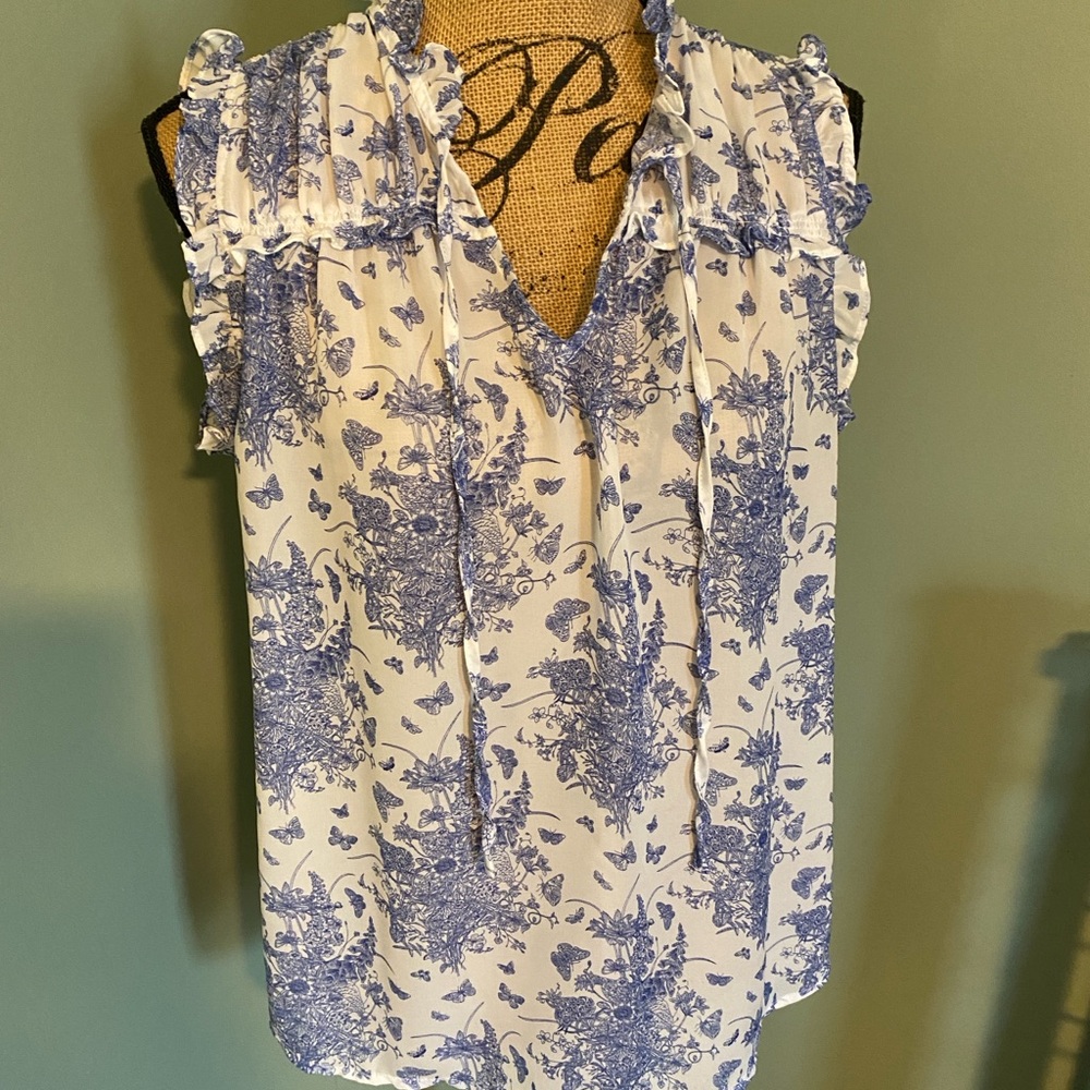 RACHEL Rachel Roy Blue and White Ruffle Blouse